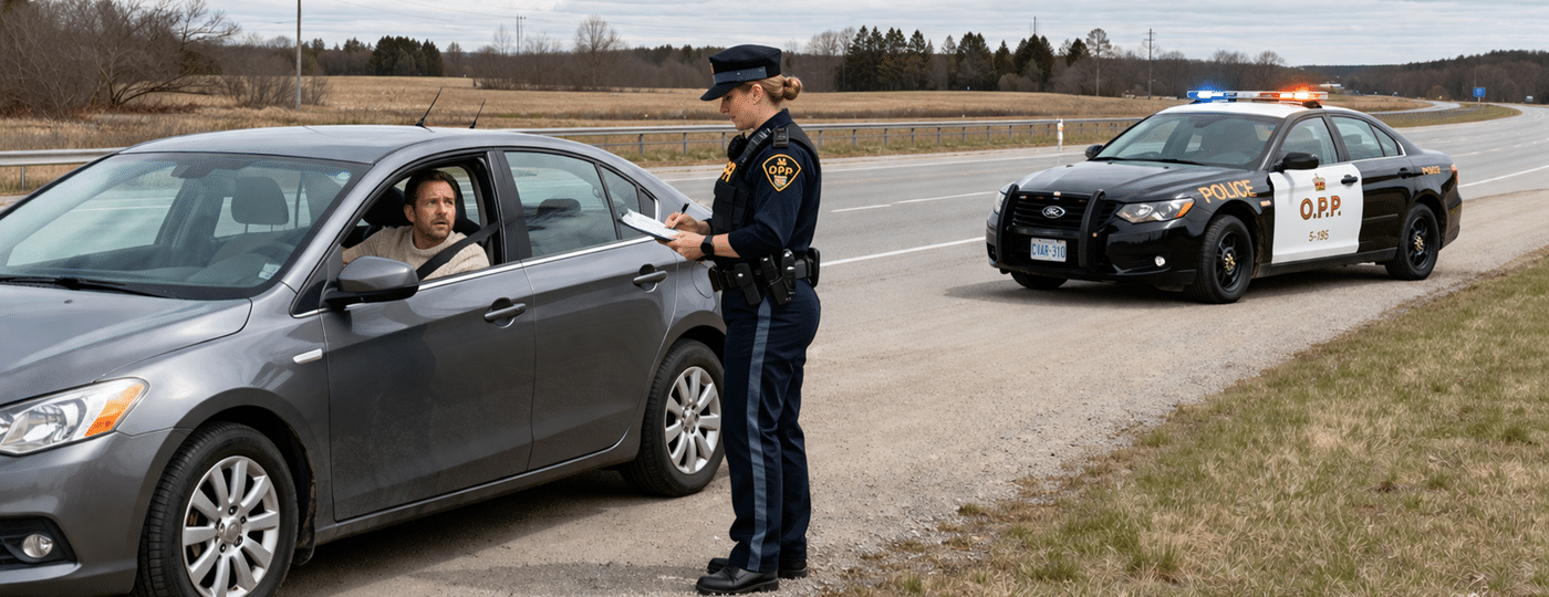 OPP Officer writing up paperwork for a driver with a suspended licence